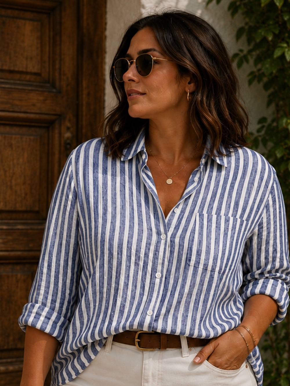 Rails Womens Large Blue White Striped Linen Blend Button Down Shirt High Low Hem